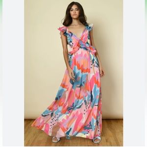 Hutch Rumi Abstract Pastel Print Maxi Dress With Open Tie Back Detail Size XL